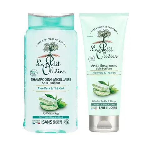 Le petit olivier shampooing et Après shampooing micellaire purifiant Thé vert et aloe vera 250 ml